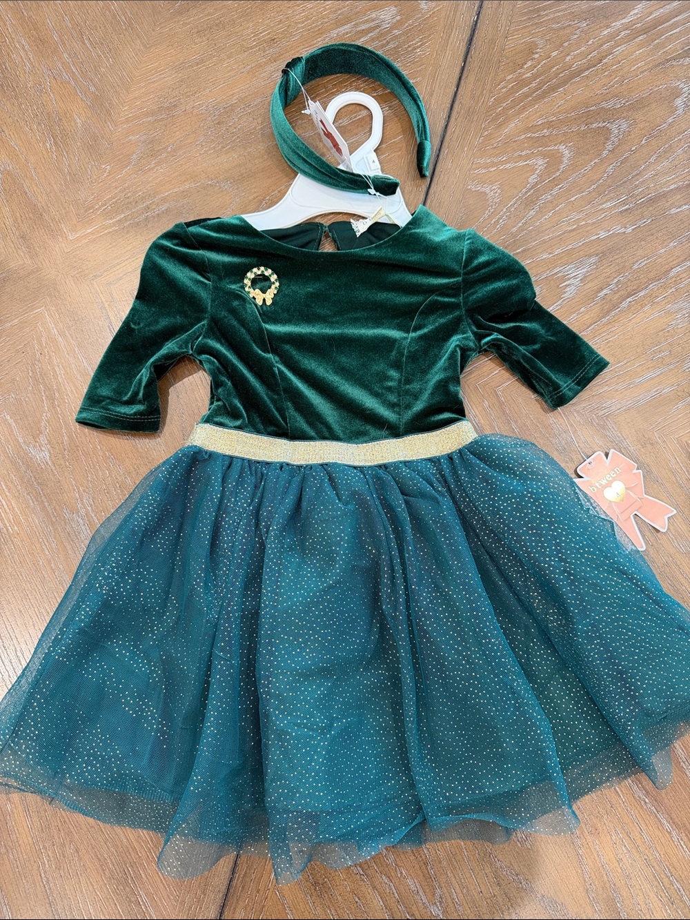 btween Emerald Green Velvet & Gold-Trim Tulle Dress with Headband